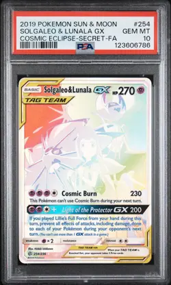 2019 POKEMON SUN & MOON COSMIC ECLIPSE #254 FULL ART/SOLGALEO & LUNALA GX PSA 10 - Image 1