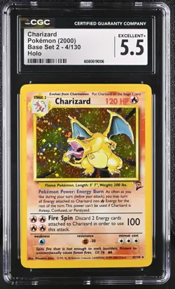 CGC 5.5 EXCELLENT + Charizard 4/130 Base Set 2 Holo Rare Pokemon Card 2000 - Image 1