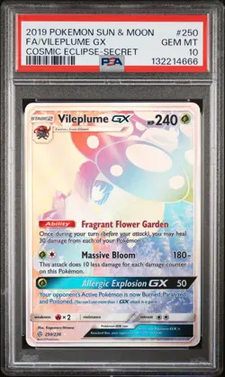 2019 POKEMON SUN & MOON COSMIC ECLIPSE SECRET #250 FULL ART/VILEPLUME GX PSA 10 - Image 1