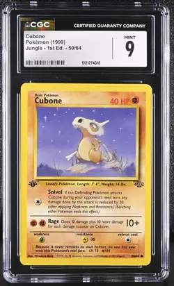 CGC 9 MINT Cubone 1999 Jungle 1st Edition 50/64 Pokemon Card - Image 1