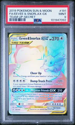 2019 POKEMON SUN & MOON TEAM UP SECRET #191 FULL ART/EEVEE & SNORLAX GX PSA 9 - Image 1