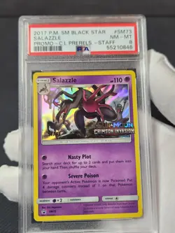 2017 Pokemon Crimson Invasion Salazzle STAFF SM74 Prerelease Promo Holo PSA 8 - Image 1
