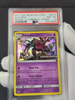 2017 Pokemon Crimson Invasion Salazzle STAFF SM74 Prerelease Promo Holo PSA 8 - Image 2