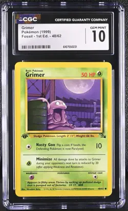 CGC GEM MINT 10 Pokemon Grimer 48/62 1999 Fossil 1st Edition - Image 1