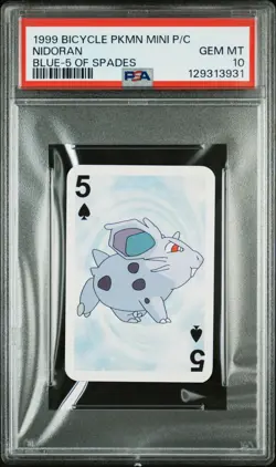 1999 BICYCLE POKEMON MINI PLAYING CARDS BLUE DECK NIDORAN 5 OF SPADES PSA 10 - Image 1