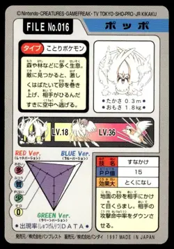 Pidgey File NO. 016 Bandai Carddass Series 3-4 Pokemon Japanese ~ MP - Image 2