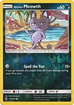 Pokemon - Alolan Meowth - 118/214 - Common - Reverse Holo - Lost Thunder - NM/M - Image 1