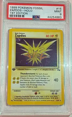 Zapdos 1st Edition 15/62 PSA 9 Mint Fossil Holo Pokemon Card - Image 1