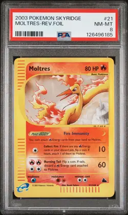 2003 POKEMON SKYRIDGE #21 MOLTRES-REVERSE FOIL PSA 8 - Image 1