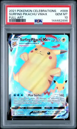 2021 POKEMON CELEBRATIONS #009 FULL ART/SURFING PIKACHU VMAX PSA 10 - Image 1