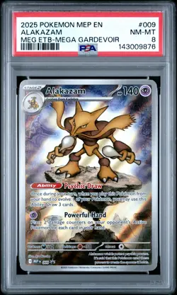 2025 POKEMON MEP MEGA EVOLUTION ETB PROMO #009 ALAKAZAM PSA 8 - Image 1