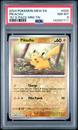 2024 POKEMON MEW EN-151 151 5-PACK MINI TIN #025 PIKACHU PSA 8 - Image 1