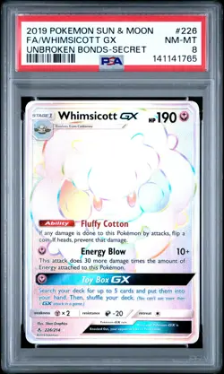 2019 POKEMON SUN & MOON UNBROKEN BONDS SECRET #226 FULL ART/WHIMSICOTT GX PSA 8 - Image 1