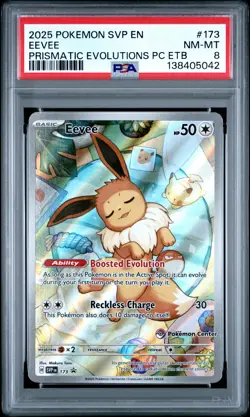 2025 POKEMON PRISMATIC EVOLUTIONS POKEMON CENTER ETB PROMO #173 EEVEE PSA 8 - Image 1
