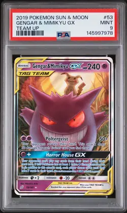 2019 POKEMON SUN & MOON TEAM UP #53 GENGAR & MIMIKYU GX PSA 9 - Image 1