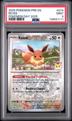 2025 Pokemon Prismatic Evolution Eevee Pokemon Day 074/131 PSA 9 B - Image 1