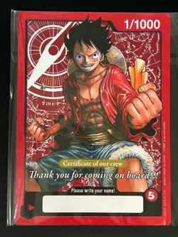 One Piece Luffy Promo Original Crew Certificate Jumbo Oversized Card 1/1000 - Image 1