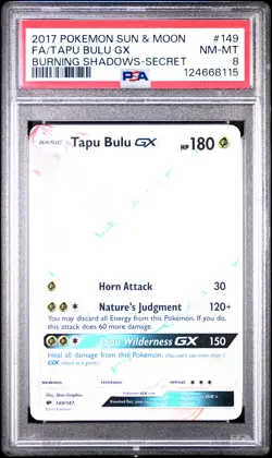 2017 POKEMON SUN & MOON BURNING SHADOWS SECRET #149 FULL ART/TAPU BULU GX PSA 8 - Image 1