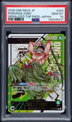 2026 ONE PIECE JPN SERIALIZED TOP PRIZE PROMOS #020 RORONOA ZORO 829/2700 PSA 10 - Image 1
