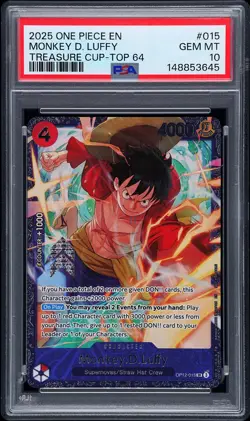 2025 ONE PIECE PROMOS TREASURE CUP-TOP 64 #015 MONKEY D. LUFFY PSA 10 - Image 1