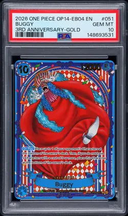 2026 ONE PIECE OP14-EB04-THE AZURE SEA'S SEVEN 3RD ANV-GOLD #051 BUGGY PSA 10 - Image 1