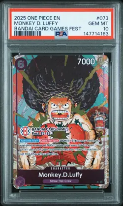 2025 ONE PIECE PROMOS BANDAI CARD GAMES FEST #073 MONKEY D. LUFFY PSA 10 - Image 1