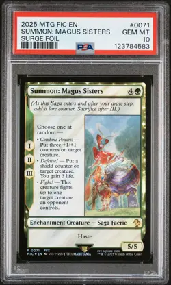 2025 MTG FINAL FANTASY COMMANDER SURGE FOIL #0071 SUMMON: MAGUS SISTERS PSA 10 - Image 1