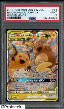 2019 Pokemon SM Unified Minds #54 Raichu & Alolan Raichu GX PSA 9 - Image 1