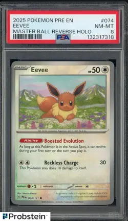 2025 Pokemon PRE EN Master Ball Reverse Holo #074 Eevee PSA 8 NM-MT - Image 1