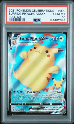 2021 POKEMON CELEBRATIONS #009 FULL ART/SURFING PIKACHU VMAX PSA 10 - Image 1