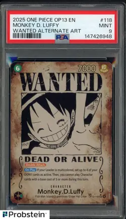 2025 One Piece OP13 EN Wanted Alternate Art #118 Monkey D Luffy PSA 9 MINT - Image 1