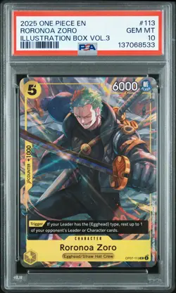2025 ONE PIECE PROMOS ILLUSTRATION BOX VOL.3 #113 RORONOA ZORO PSA 10 - Image 1