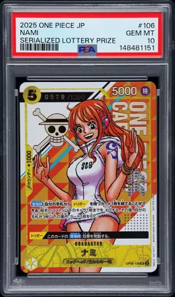 2025 ONE PIECE JPN PROMOS SERIALIZED LOTTERY PRIZE #106 NAMI 579/1200 PSA 10 - Image 1