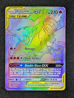 2019 Pokemon RESHIRAM & CHARIZARD GX #217/214 Unbroken Bonds Rainbow Secret Rare - Image 1