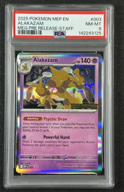 ALAKAZAM PSA 8 2025 POKEMON MEP BLACK STAR PROMOS EN #003 MEG PRE RELEASE STAFF - Image 1