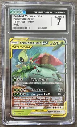 2019 Pokemon Celebi & Venusaur GX Team Up 1/181 Holo Ultra Rare CGC 7 *RARE CARD - Image 1