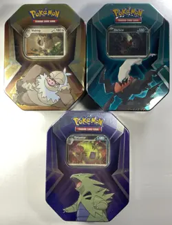 Pokemon 3x - Triple Whammy Tins Darkrai Slaking Tyranitar Factory Sealed Art Set - Image 1