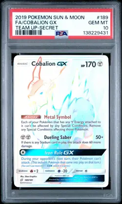 2019 POKEMON SUN & MOON TEAM UP SECRET #189 FULL ART/COBALION GX PSA 10 - Image 1