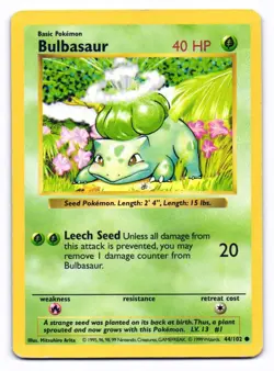 Bulbasaur 44/102 Common Base Set Pokemon Shadowless MP - Image 1