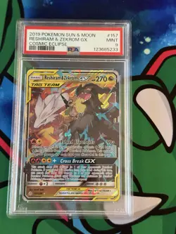 2019 Pokemon Sun & Moon Cosmic Eclipse Reshiram & Zekrom GX 157/236 PSA 9 Mint - Image 1