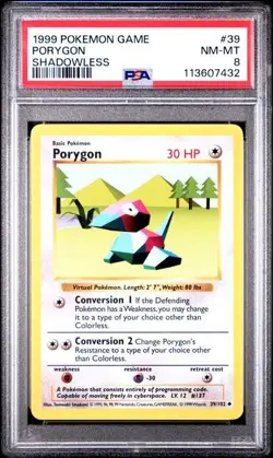 Porygon 39/102 Base Set Shadowless Uncommon Graded Pokemon Card - PSA 8 - Image 1