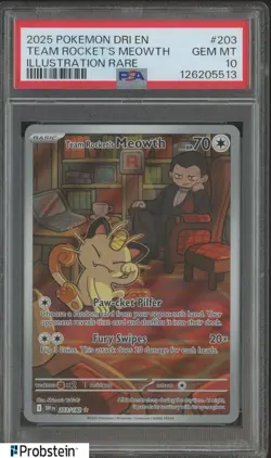 2025 Pokemon DRI EN Ilustration Rare #203 Team Rocket's Meowth PSA 10 GEM MINT - Image 1