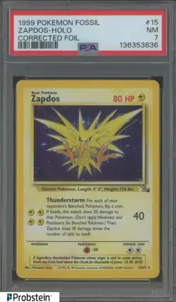 1999 Pokemon Fossil Corrected Foil #15 Zapdos Holo PSA 7 NM - Image 1
