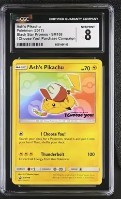 CGC 8 ASH'S PIKACHU SM108 BLACK STAR PROMO I CHOOSE YOU POKEMON - Image 1