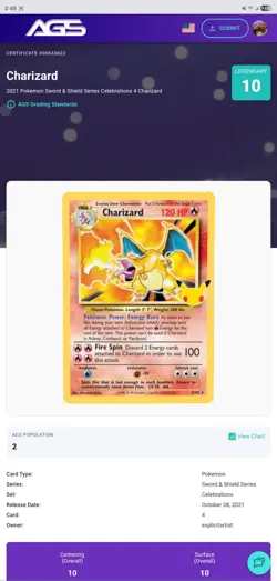 2021 Pokemon Celebrations Charizard Holo 25th Anniversary AGS Legendary 10 POP 2 - Image 3