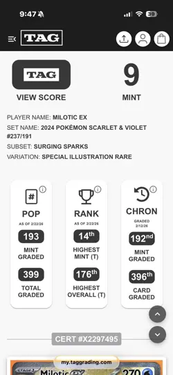2024 Pokemon Surging Sparks Milotic Ex Special Illustration Rare #237/191 TAG 9 - Image 4