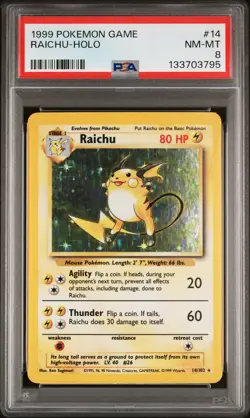 1999 POKEMON BASE SET UNLIMITED #14 RAICHU-HOLO PSA 8 - Image 1