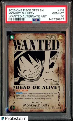 #2 2025 One Piece OP13 EN Wanted Alternate Art #118 Monkey D Luffy PSA 10 - Image 1