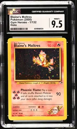 CGC 9.5 MINT+ Blaine's Moltres 2000 Gym Heroes 1/132 Holo SWIRL Pokemon Card - Image 1