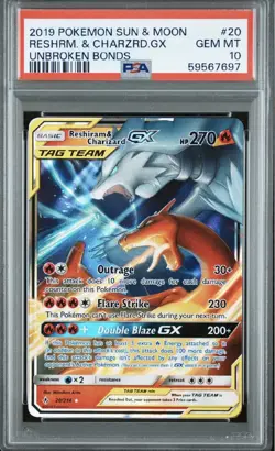 PSA 10 GEM MINT Pokemon Reshiram & Charizard GX Unbroken Bonds Tag Team 20/214 - Image 1